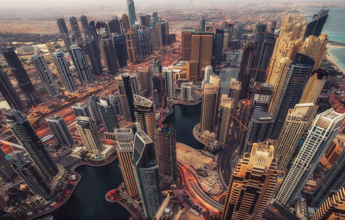 Фото обои город, высота, небоскребы, Дубаи, ОАЭ, панорамма