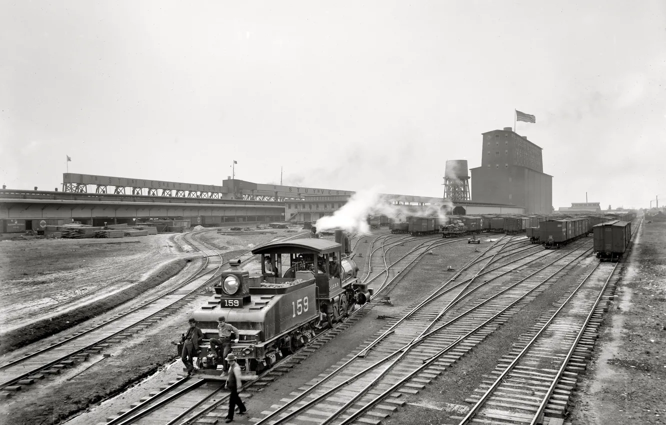 Фото обои ретро, поезд, США, Новый Орлеан, Луизиана, 1900-й год, элеватор