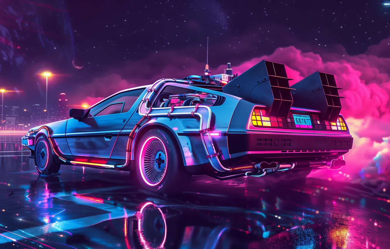 Фото обои car, colorful, smoke, DeLorean, illustration, synthwave, AI art