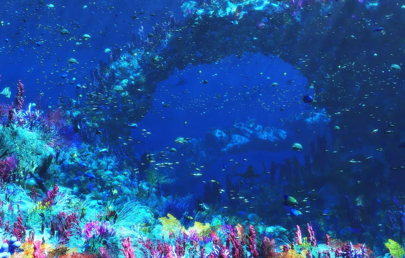 Фото обои море, рыбы, графика, кораллы, подводный мир, Digital, An Octopus's Garden