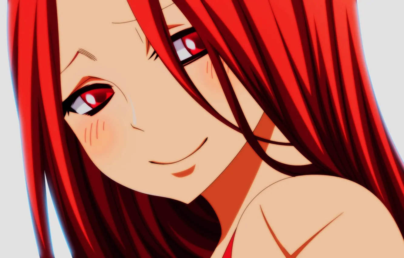 Фото обои грустный взгляд, белый фон, Anime, красные волосы, Fairy Tail, Flare Corona, нежная улыбка