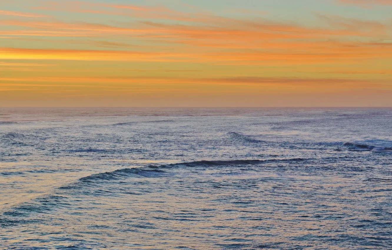 Фото обои море, волны, закат, горизонт, оранжевое небо