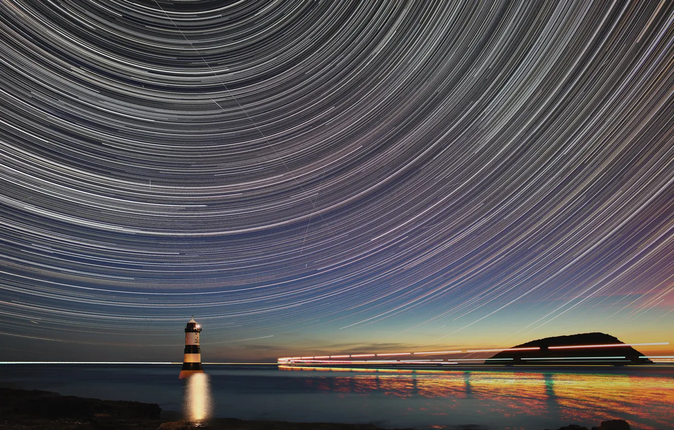 Фото обои звезды, ночь, залив, penmon point star trail final