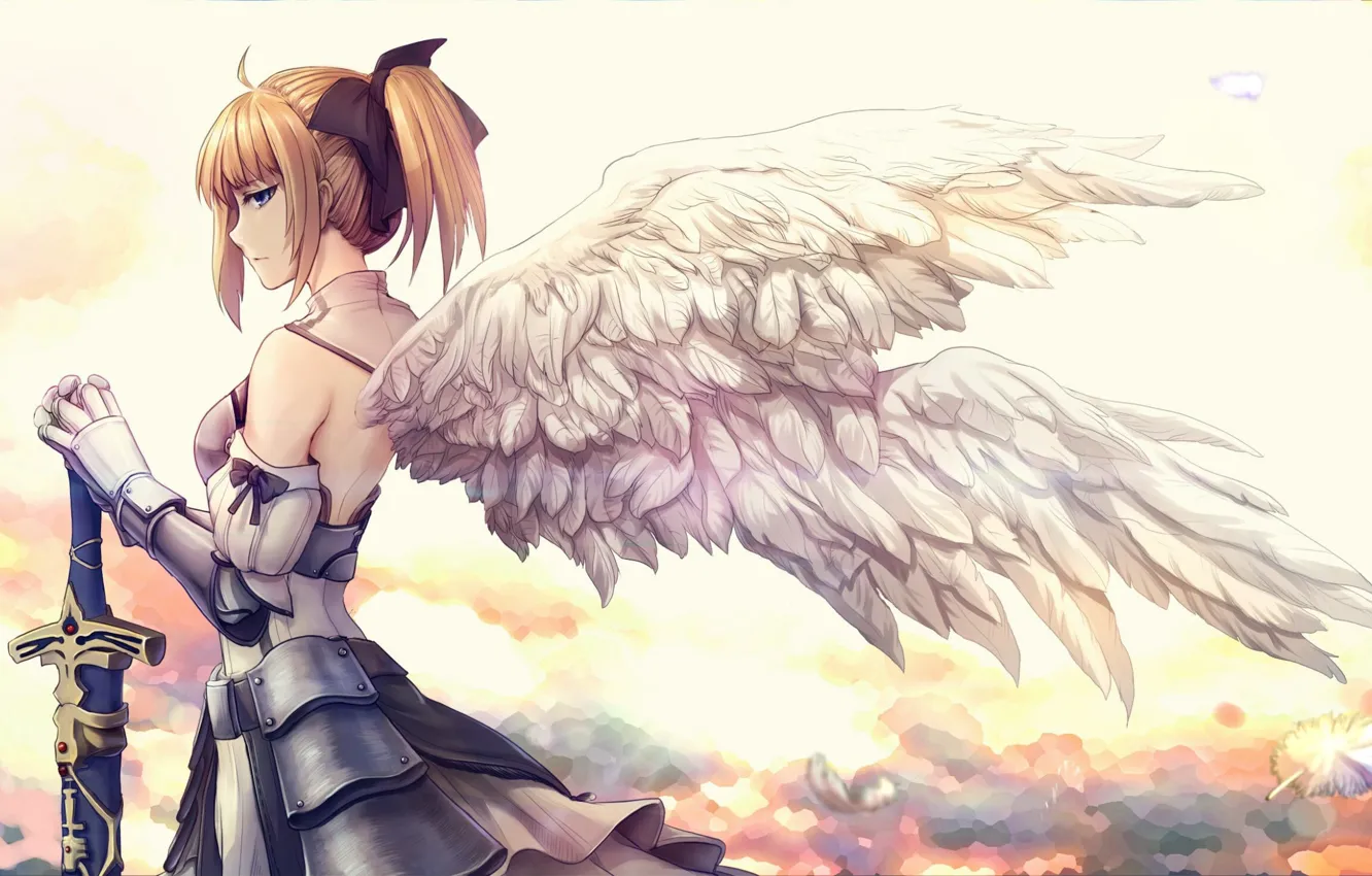 Фото обои girl, sword, weapon, anime, wings, feathers, purple eyes, angel