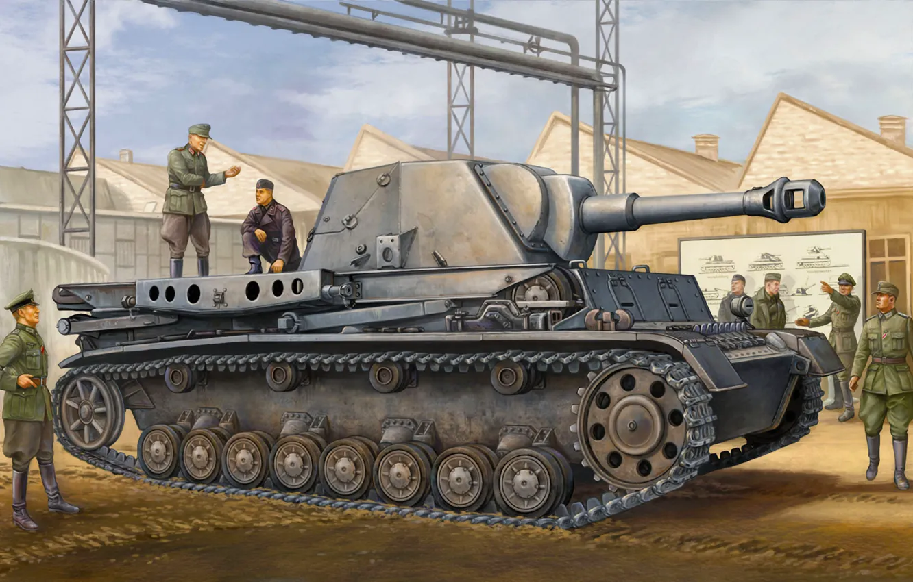 Фото обои war, art, painting, tank, ww2, German GW IVb (Grasshopper) leFH18/1 L28