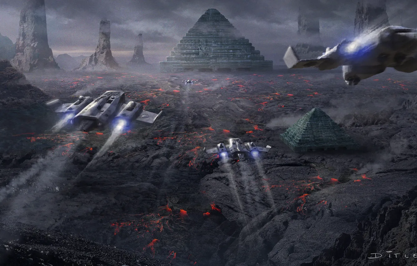 Фото обои скалы, лава, пирамиды, полёт, Scorched land