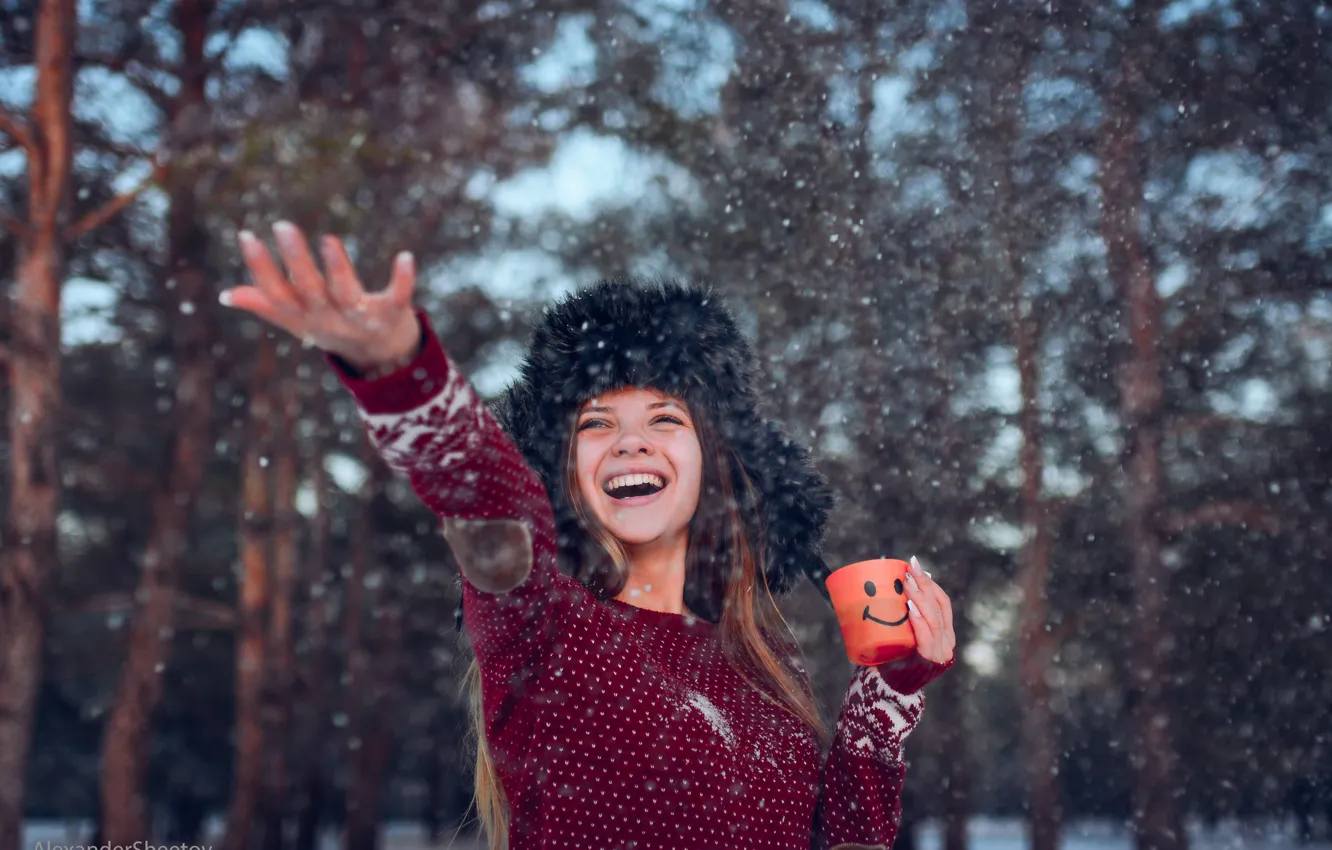 Фото обои зима, девушка, снег, радость