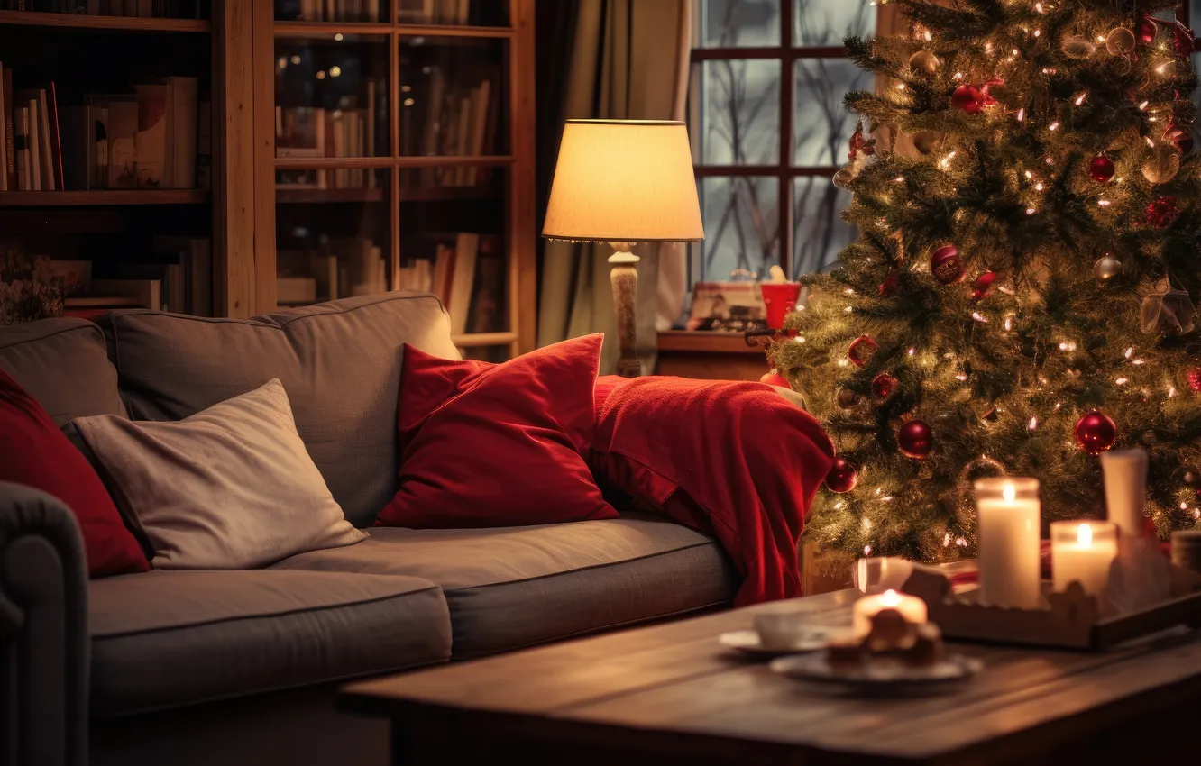 Фото обои украшения, комната, елка, интерьер, Рождество, подарки, Новый год, Christmas