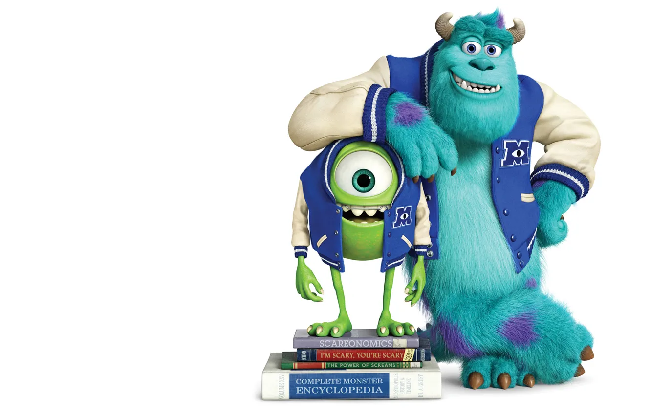 Фото обои синий, зеленый, улыбка, рога, учебники, одноглазый, Monsters University, Inc.