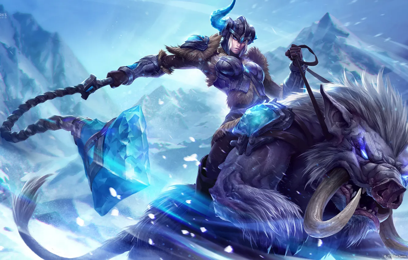 Фото обои кристалл, девушка, снег, горы, оружие, монстр, арт, рог