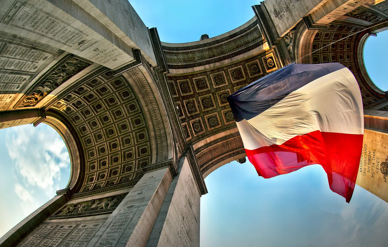 Фото обои Франция, Париж, флаг, Триумфальная арка