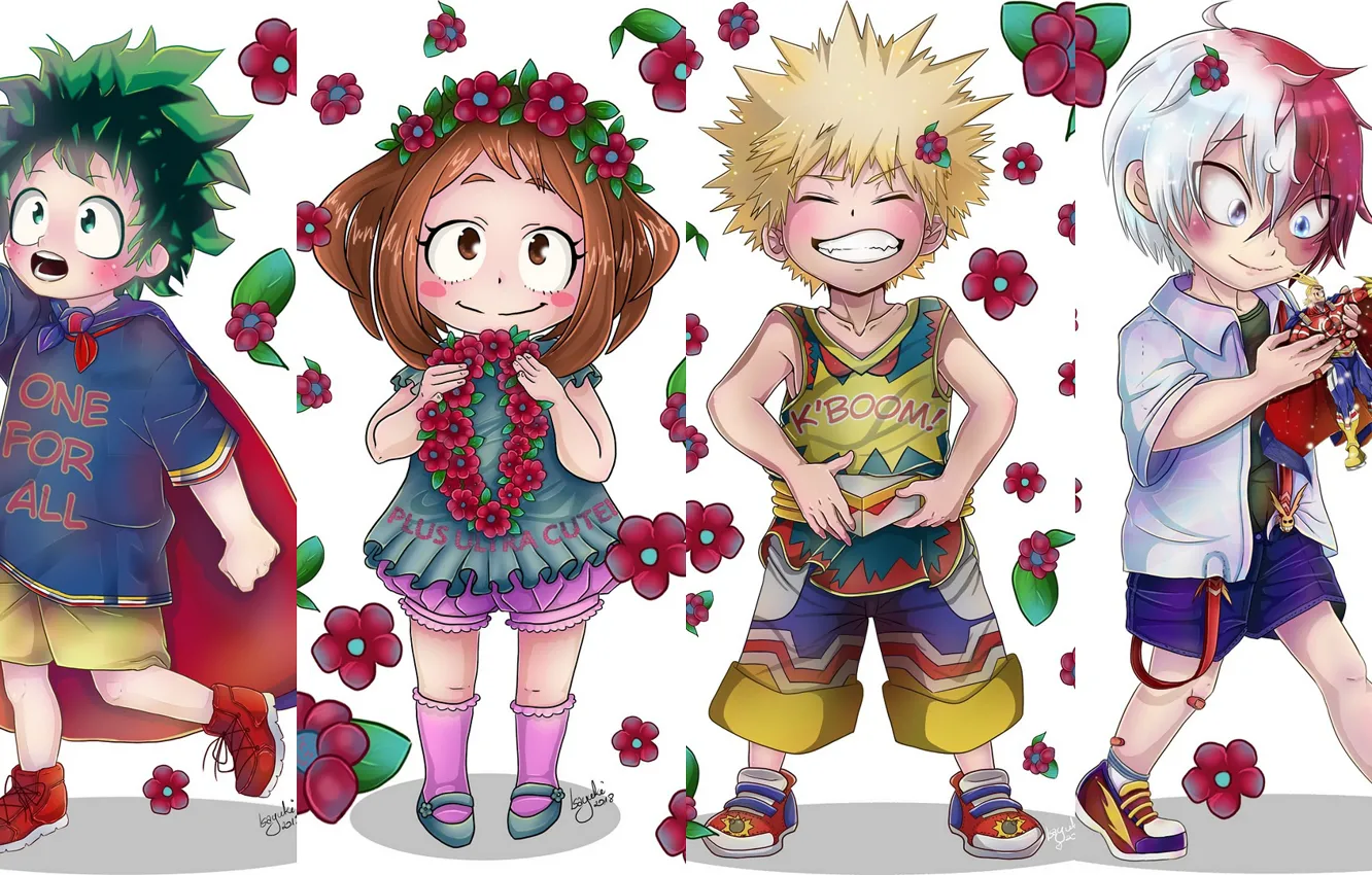 Фото обои цветы, дети, коллаж, девочка, мальчики, My Hero Academia, Boku No Hero Academia, Мидория Изуку