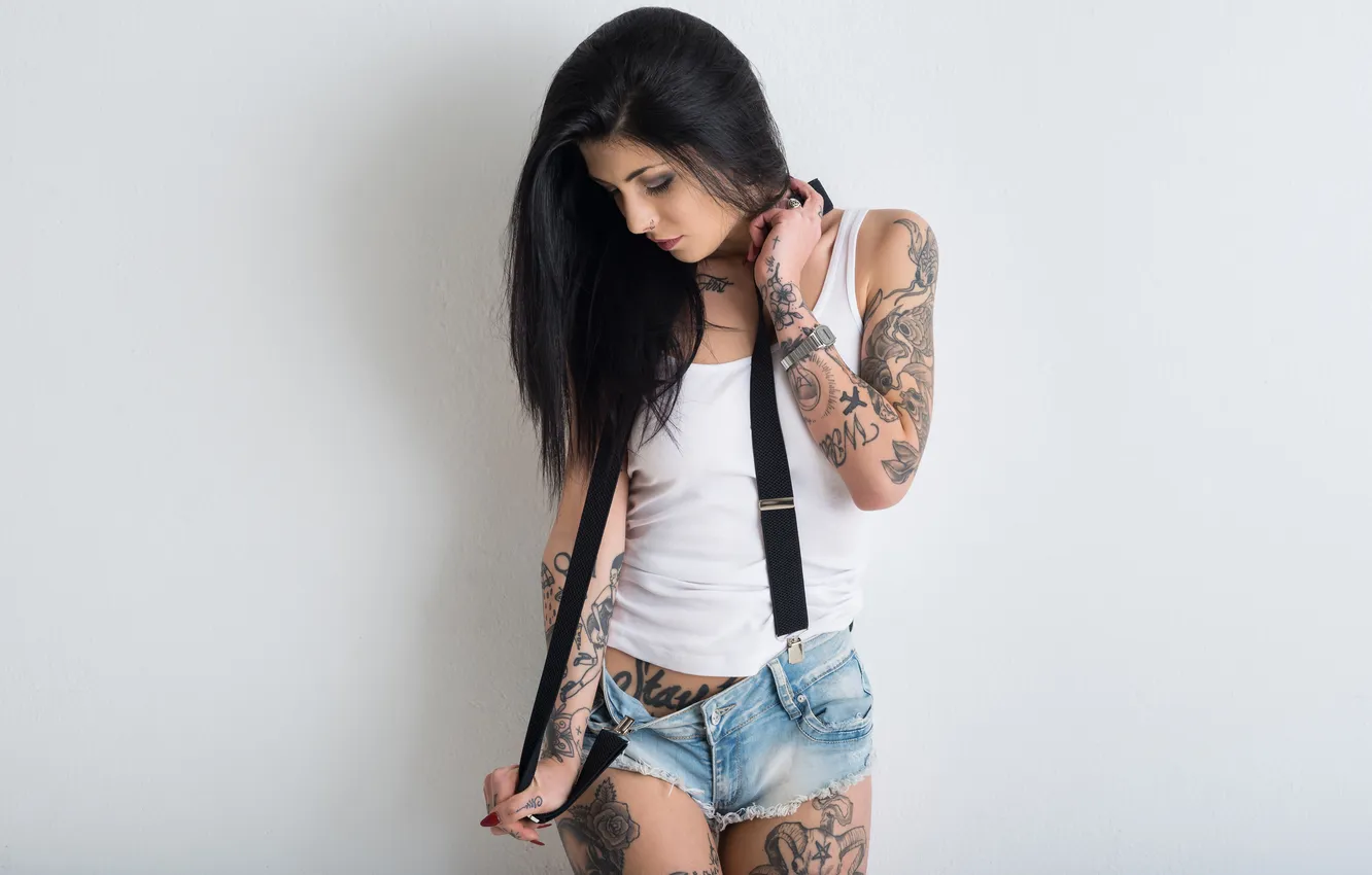 Фото обои girl, shorts, tattoo, brunette, suspenders, tank top