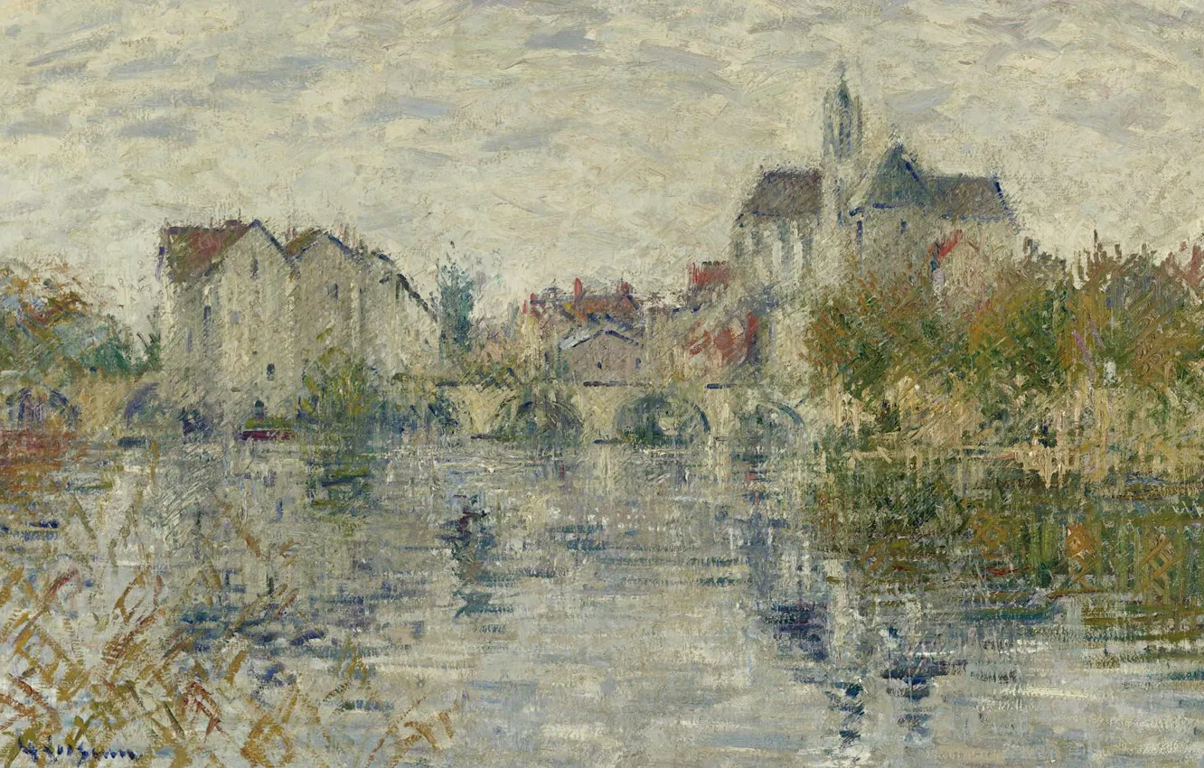 Фото обои пейзаж, река, дома, картина, Гюстав Луазо, Море-сюр-Луан, Gustave Loiseau
