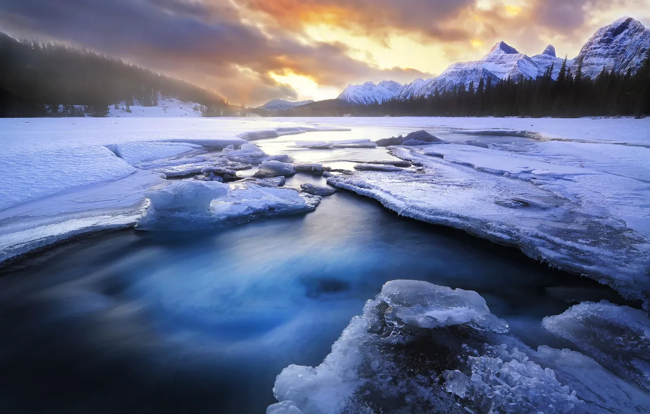 Фото обои лед, зима, лес, снег, горы, озеро, расвет
