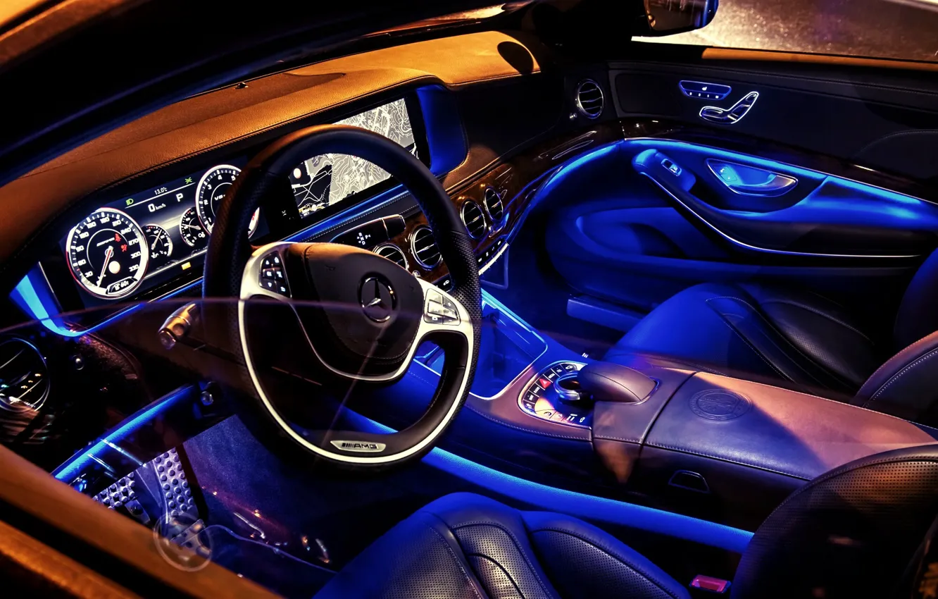 Фото обои синий, Mercedes-Benz, неон, салон, AMG, s-class, W222, S63