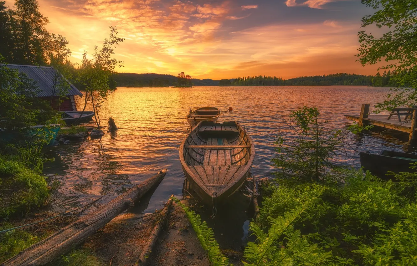 Фото обои пейзаж, закат, лодка