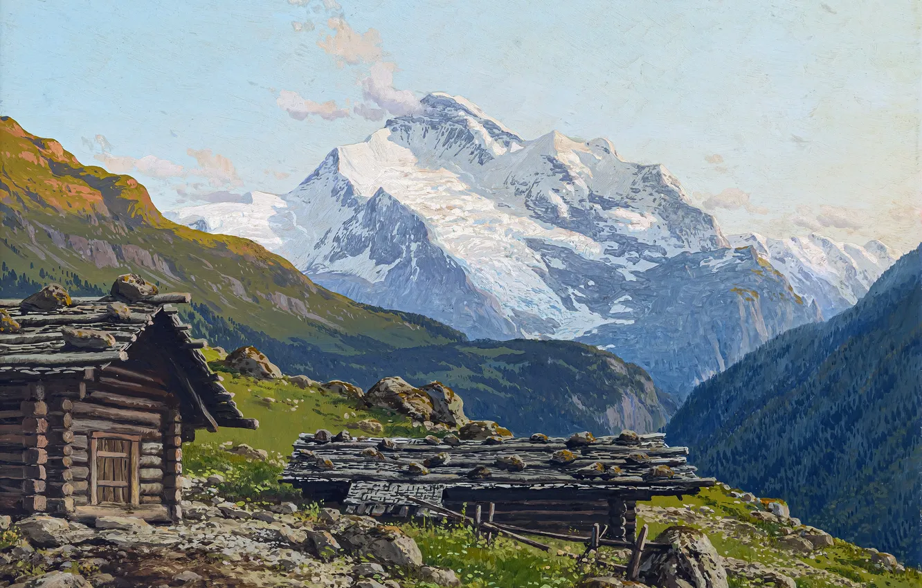 Фото обои Горы, Дом, Картина, Немецкий художник, Rudolf Reschreiter, Рудольф Решрайтер, Бернский Оберланд. Юнгфрау из Венгенальпа