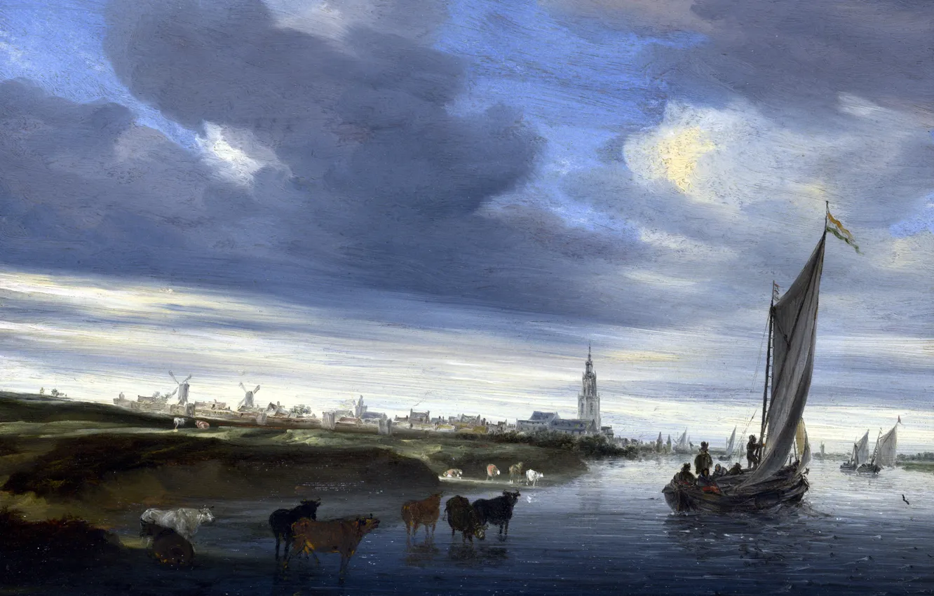 Фото обои пейзаж, лодка, картина, парус, Salomon van Ruysdael, Саломон ван Рёйсдал, Вид на Девентер