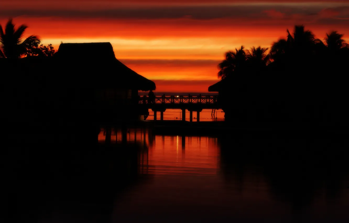 Фото обои закат, тропики, таити, moorea