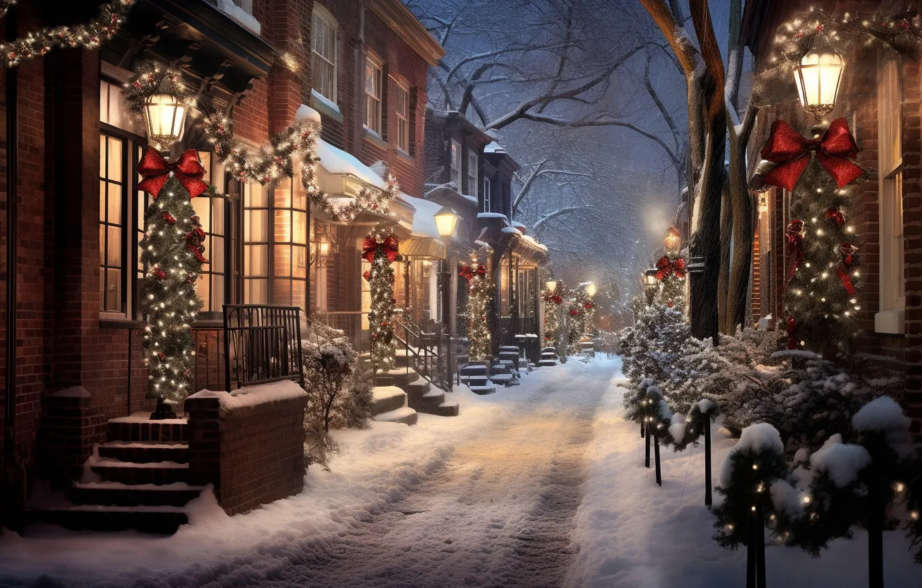Фото обои зима, снег, украшения, ночь, город, lights, шары, улица