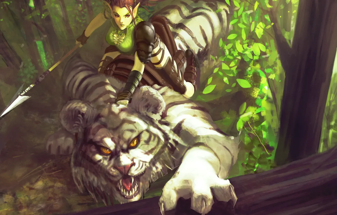 Фото обои лес, девушка, тигр, хищник, фэнтези, арт, эльфийка