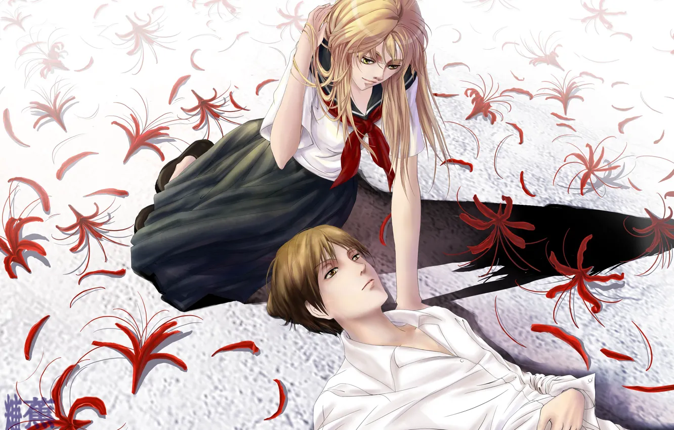 Фото обои девушка, цветы, арт, парень, natsume yuujinchou, Натсуме