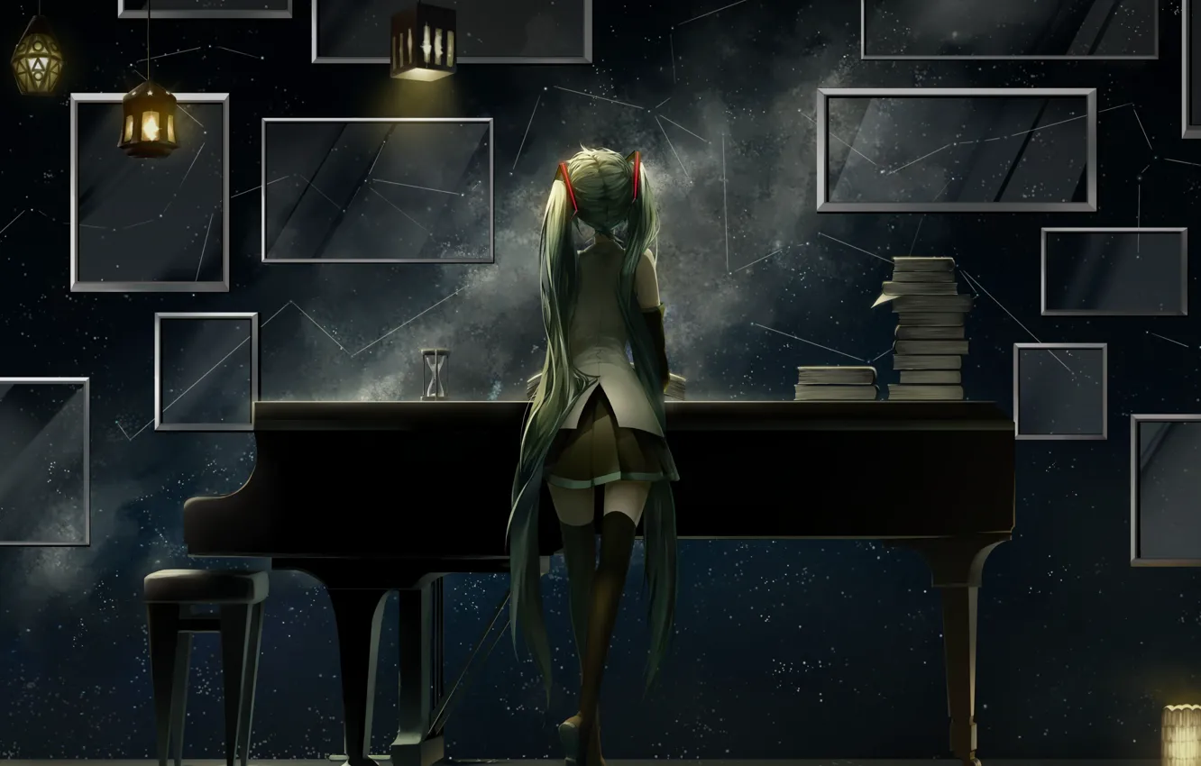 Фото обои девушка, аниме, рояль, арт, vocaloid, hatsune miku, фонарики, saihate