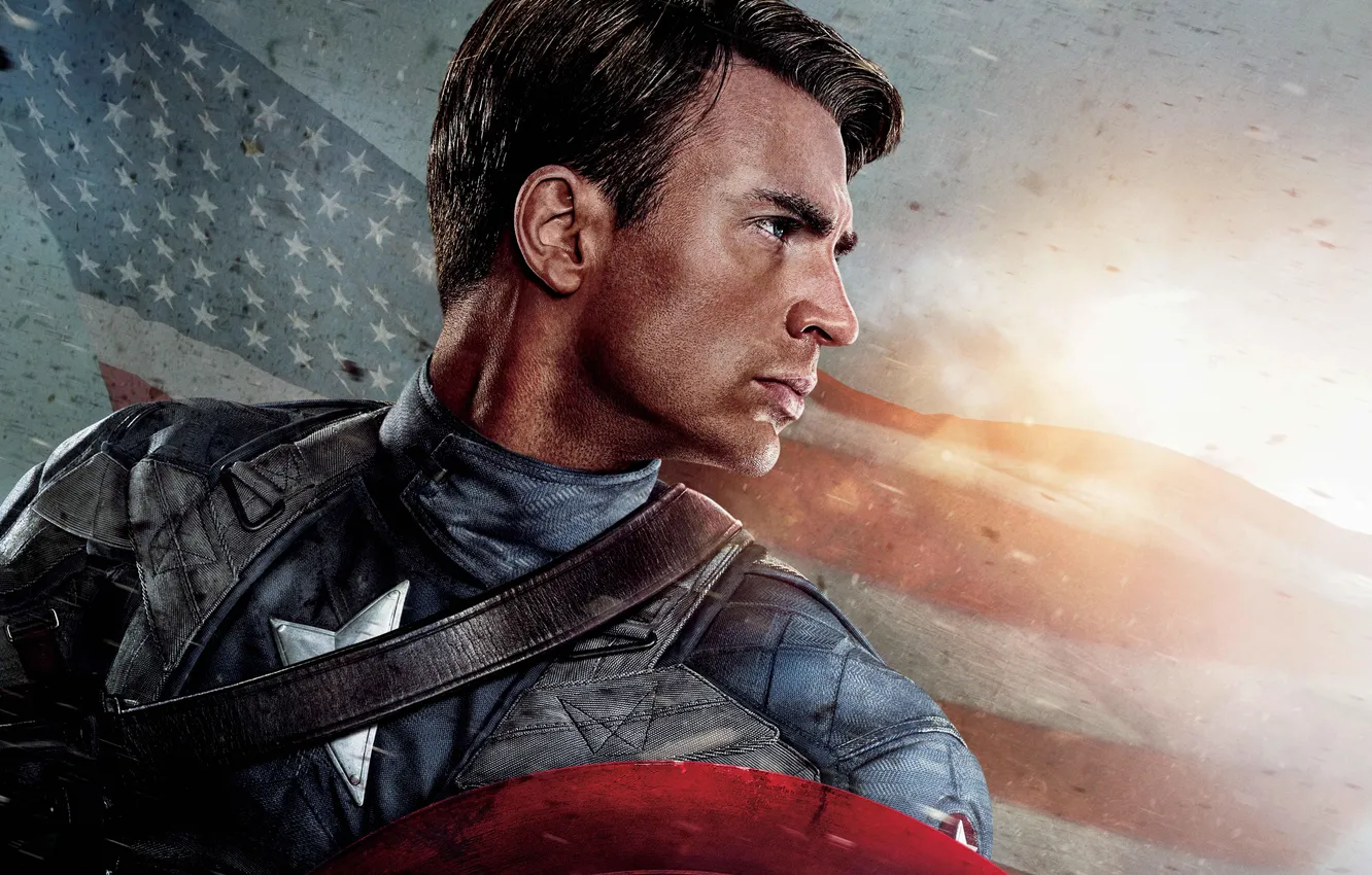Фото обои флаг, герой, щит, супергерой, Крис Эванс, Стив Роджерс, Captain America: The First Avenger, When patriots …