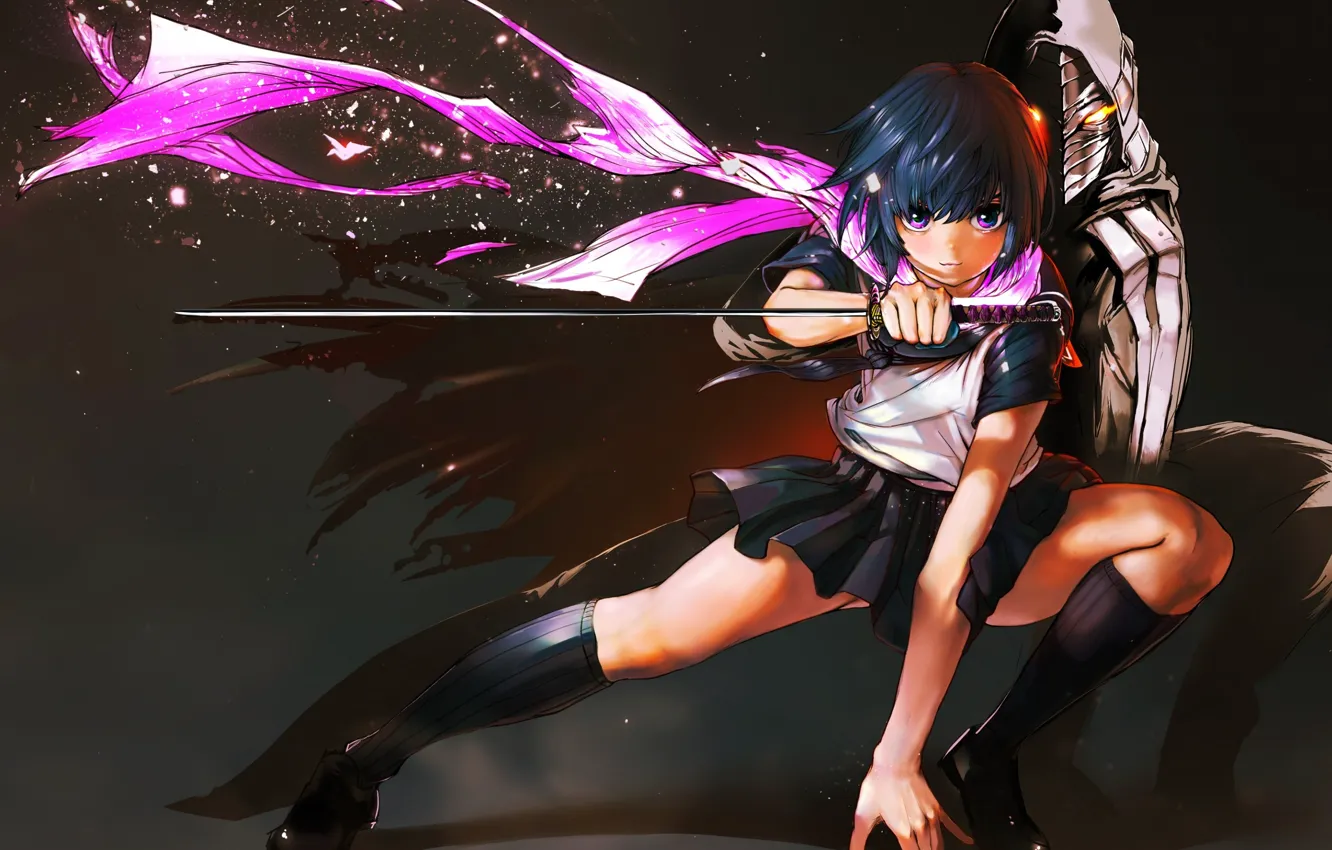 Фото обои girl, sword, anime, skirt, knee socks