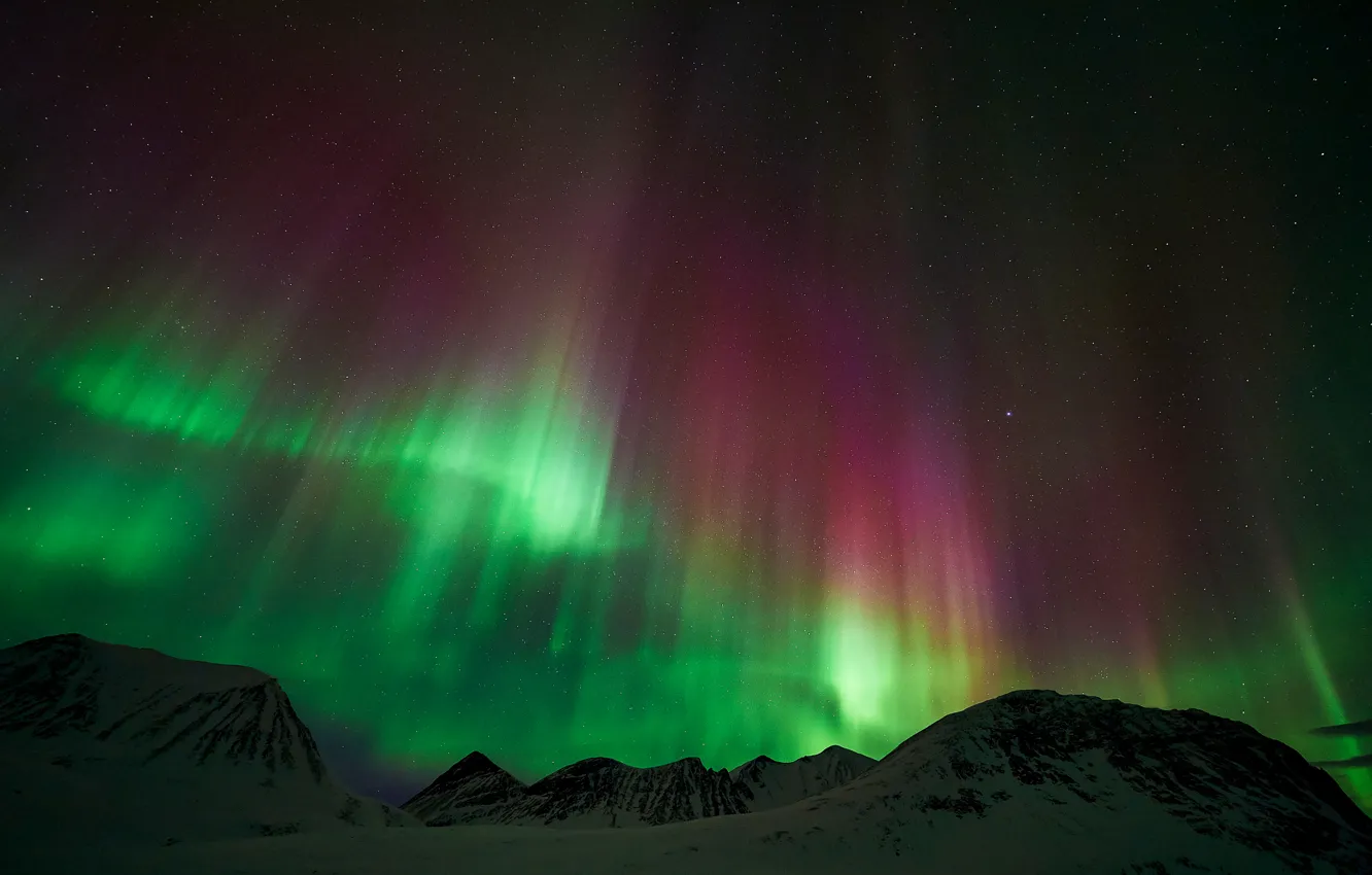 Фото обои звезды, горы, ночь, северное сияние, Лапландия