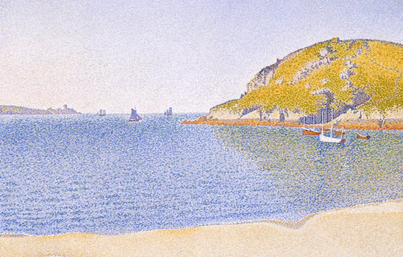 Фото обои море, пейзаж, лодка, картина, Поль Синьяк, пуантилизм, Порт Сен-Ка