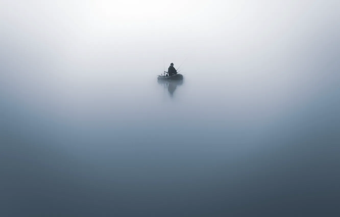 Фото обои туман, лодка, рыбак