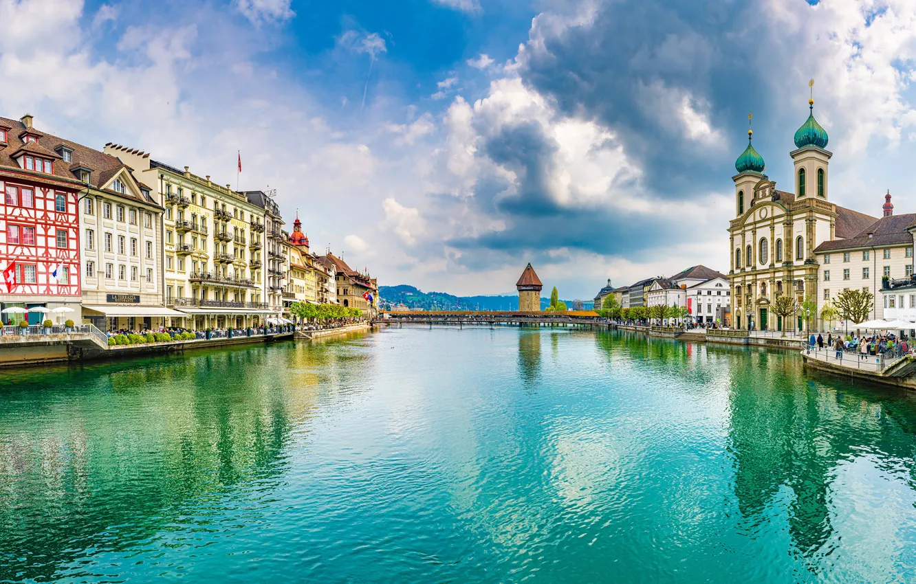 Фото обои небо, мост, река, здания, башня, Швейцария, Switzerland, Luzern