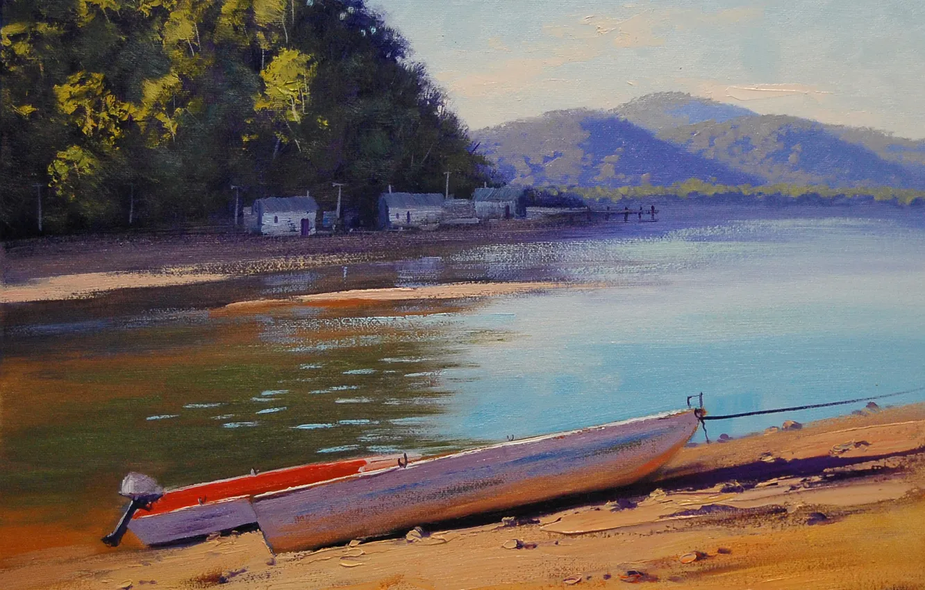 Фото обои река, рисунок, лодки, арт, artsaus, patonga creek