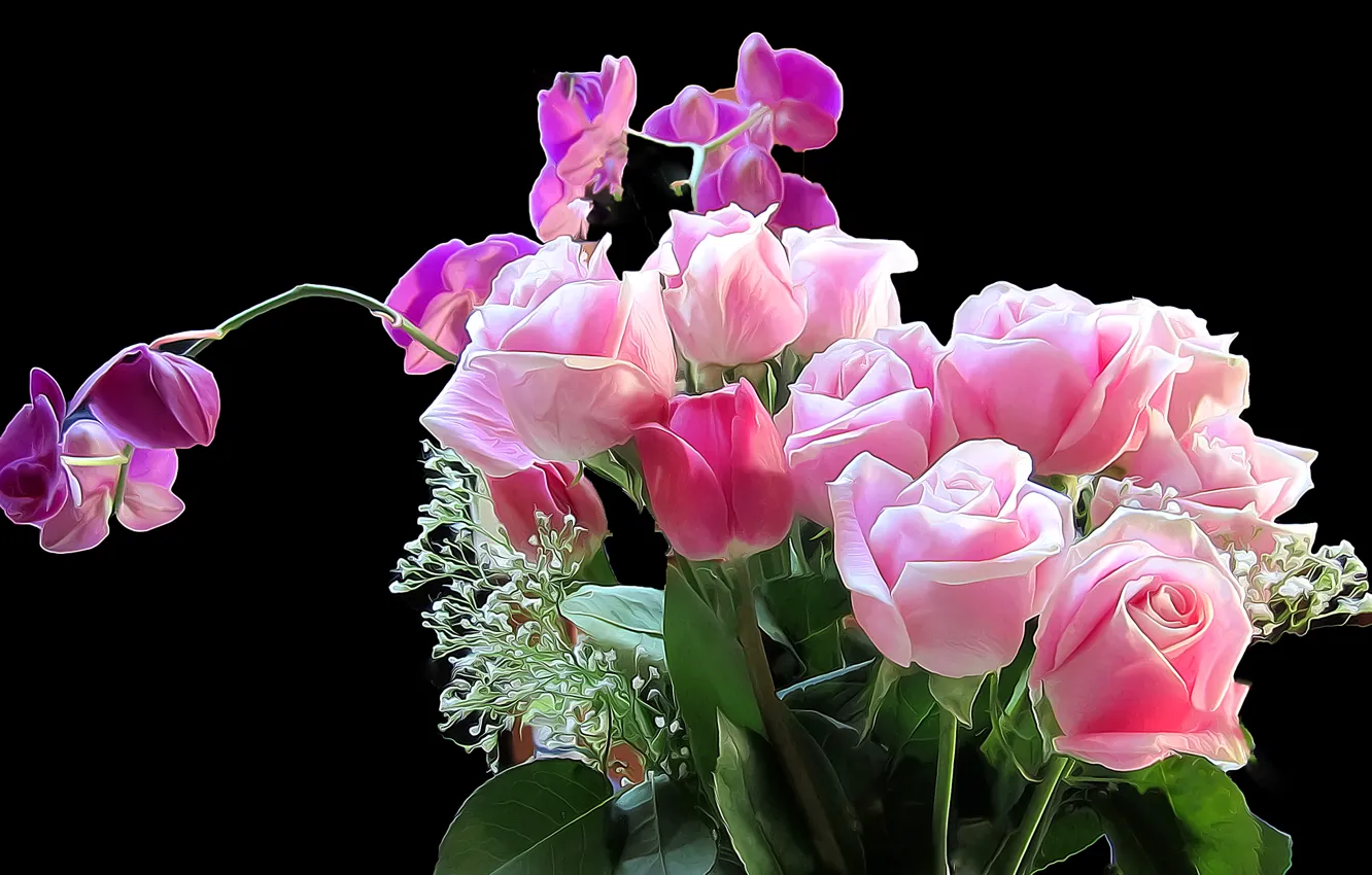Фото обои цветы, фон, роза, букет, ирис