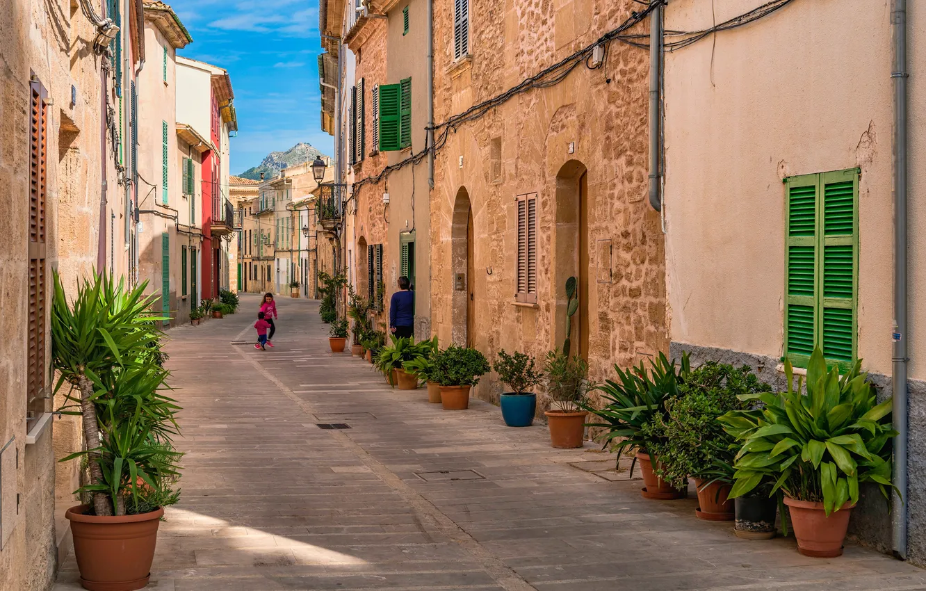 Фото обои Улица, Испания, Цветочный горшок, Домая Alcudia