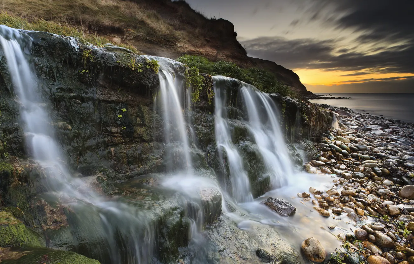 Фото обои Sunset, Sunrise, Waterfall, Dorset, Jurassic Coast, Osmington Mills