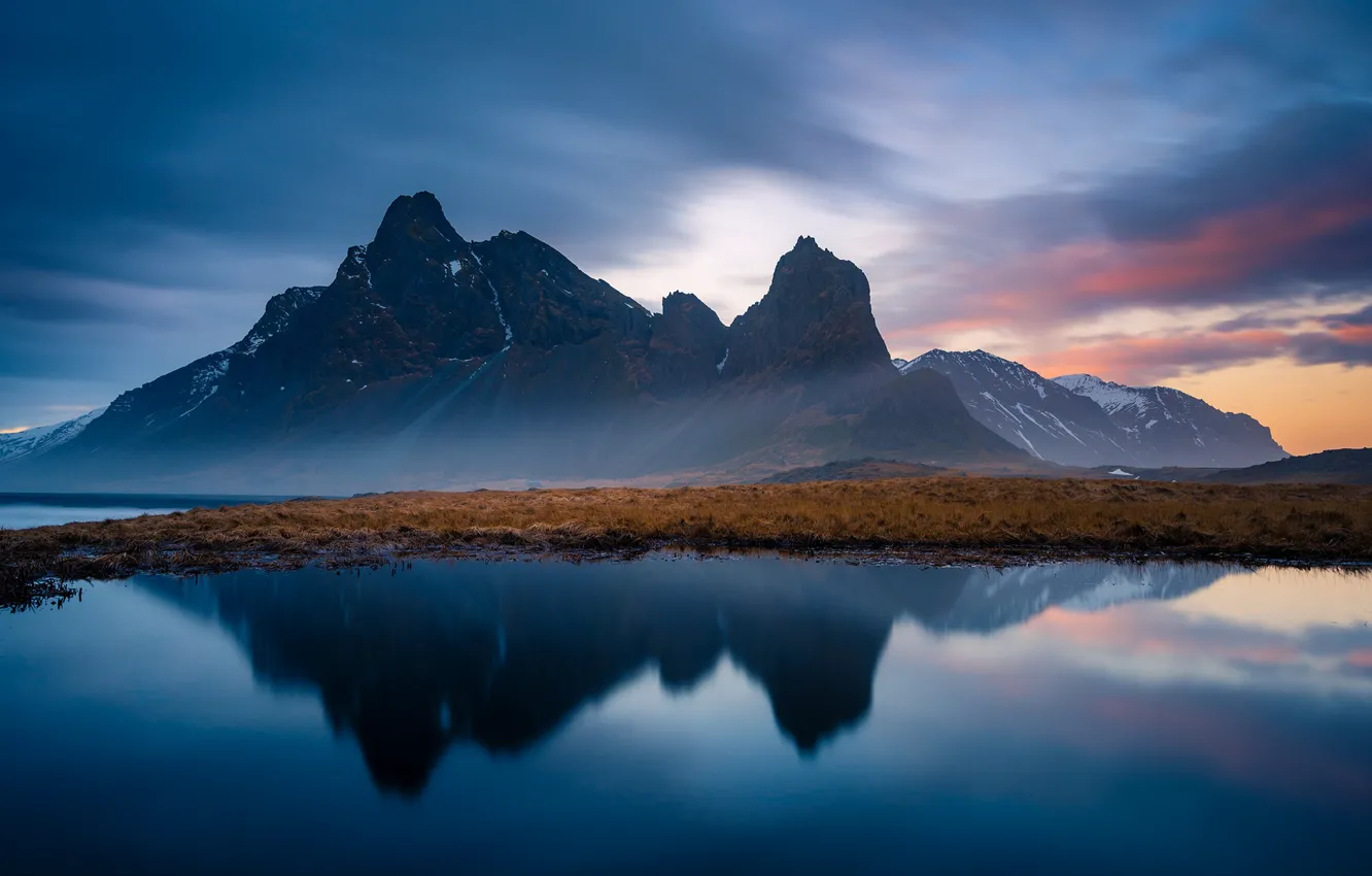 Фото обои озеро, отражение, гора, Исландия, Eystrahorn