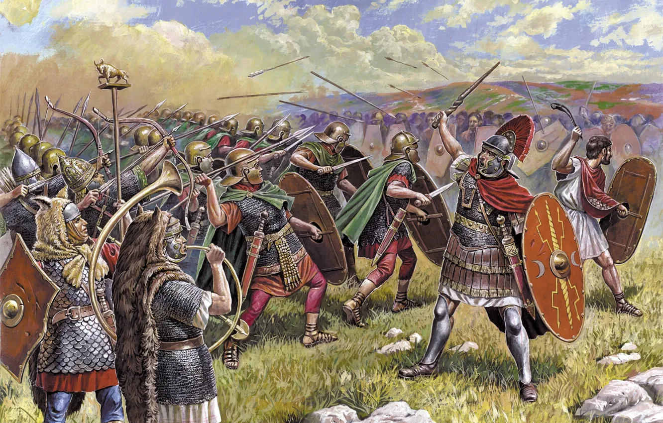 Фото обои атака, рисунок, Рим, сражение, мечи, стрелы, музыкант, щиты