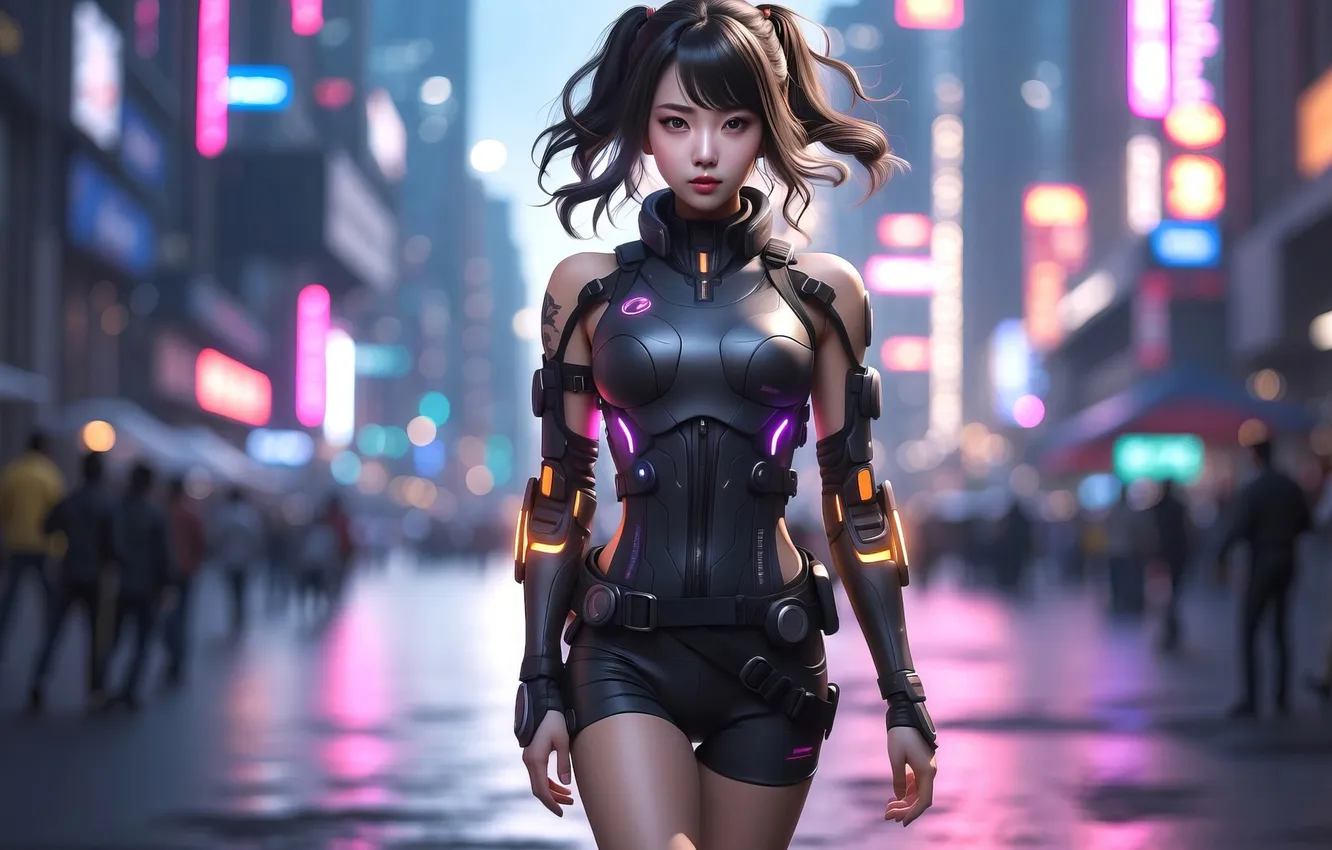 Фото обои city, girl, cyberpunk, asian, ai art