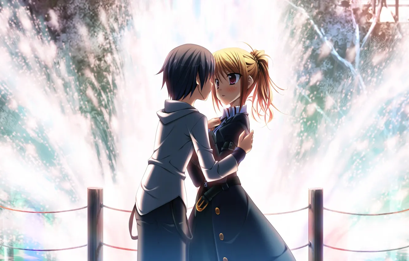 Фото обои девушка, арт, пара, фонтан, парень, dp minase, yaneura no kanojo