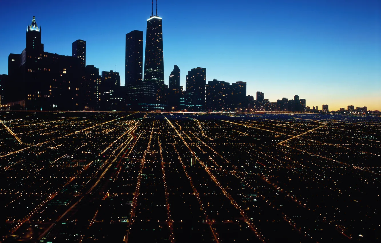 Фото обои ночь, город, Чикаго, свет города