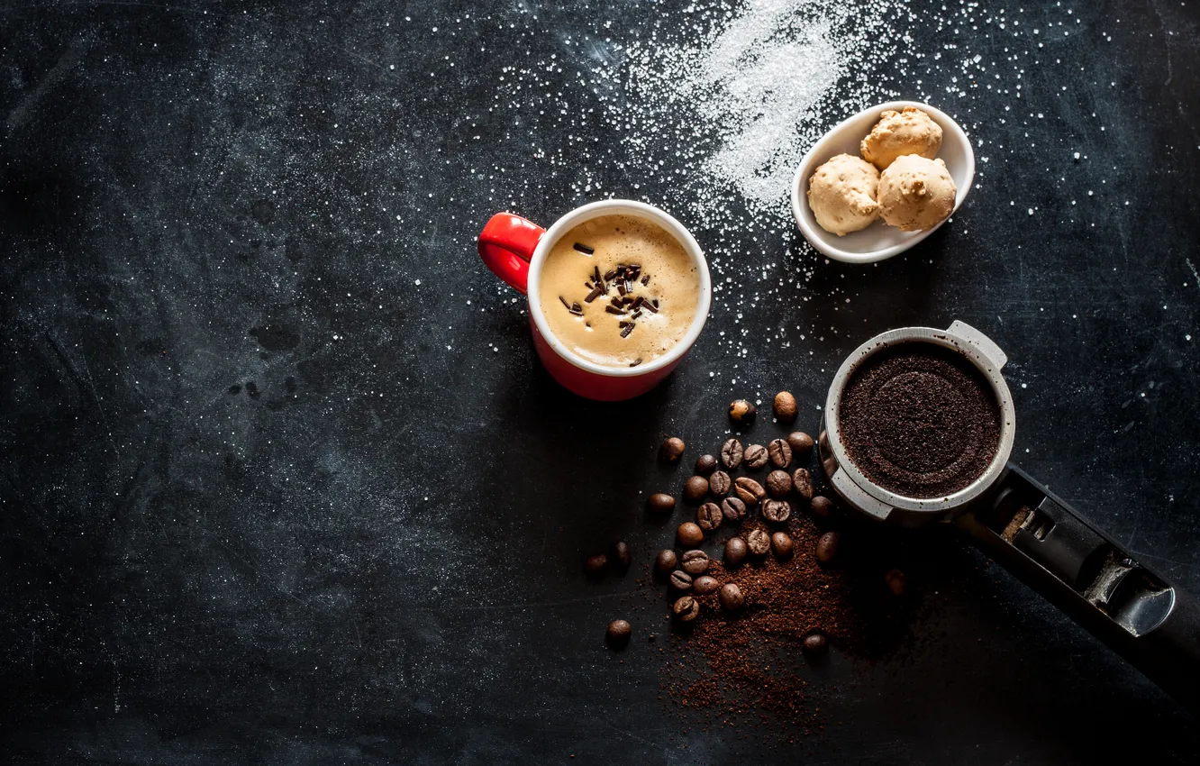 Фото обои пена, кофе, чашка, кофейные зёрна, булочки