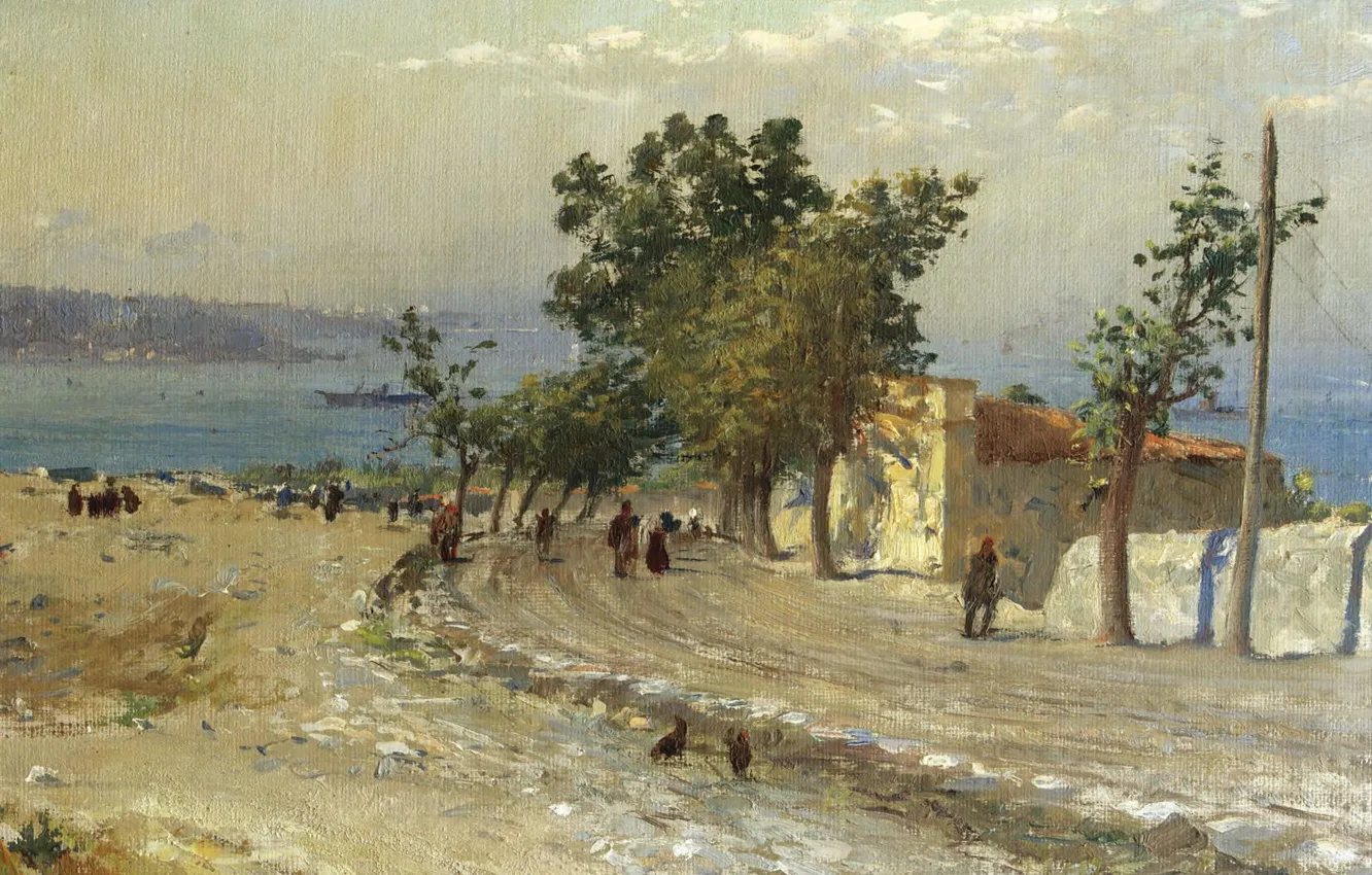 Фото обои море, пролив, улица, дома, картина, городской пейзаж, Fausto Zonaro, Фаусто Зонаро