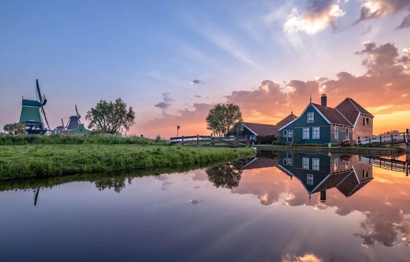 Фото обои утро, мельницы, Нидерланды, Голландия, Zaanse Schans