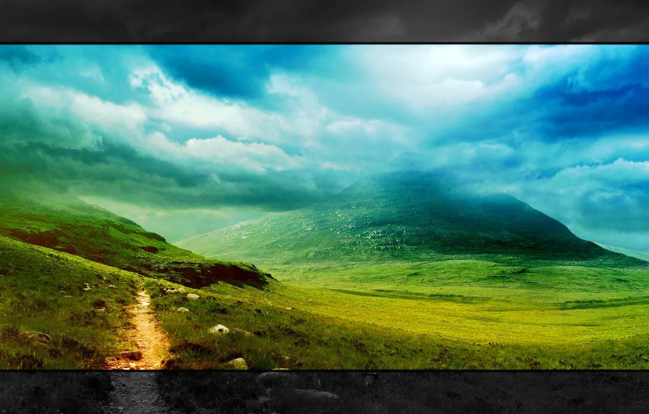 Фото обои зелень, трава, облака, пейзаж, горы, природа, стиль, widescreen