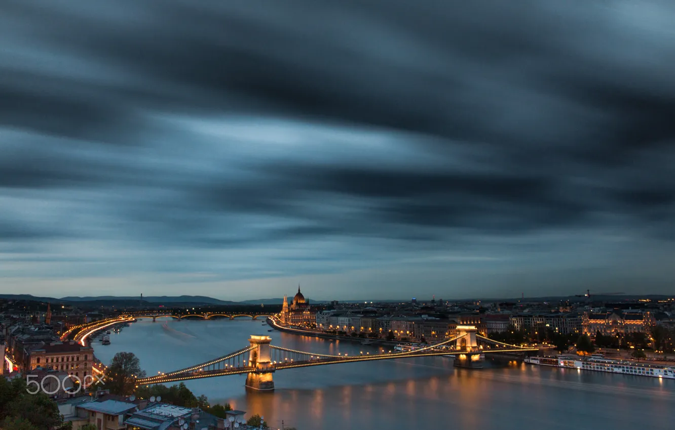 Фото обои мост, огни, вечер, Будапешт