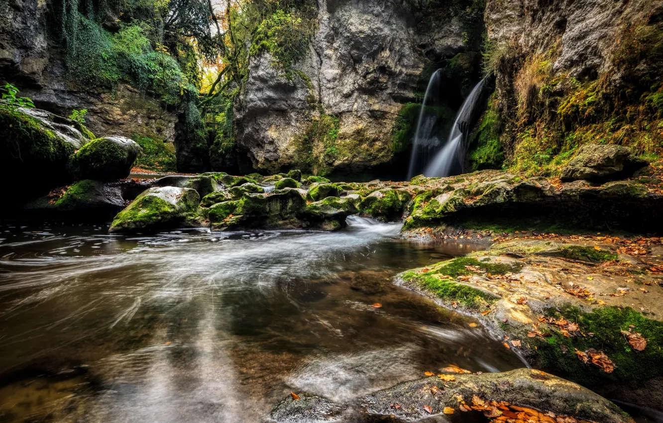 Фото обои природа, скала, камни, водопад, мох