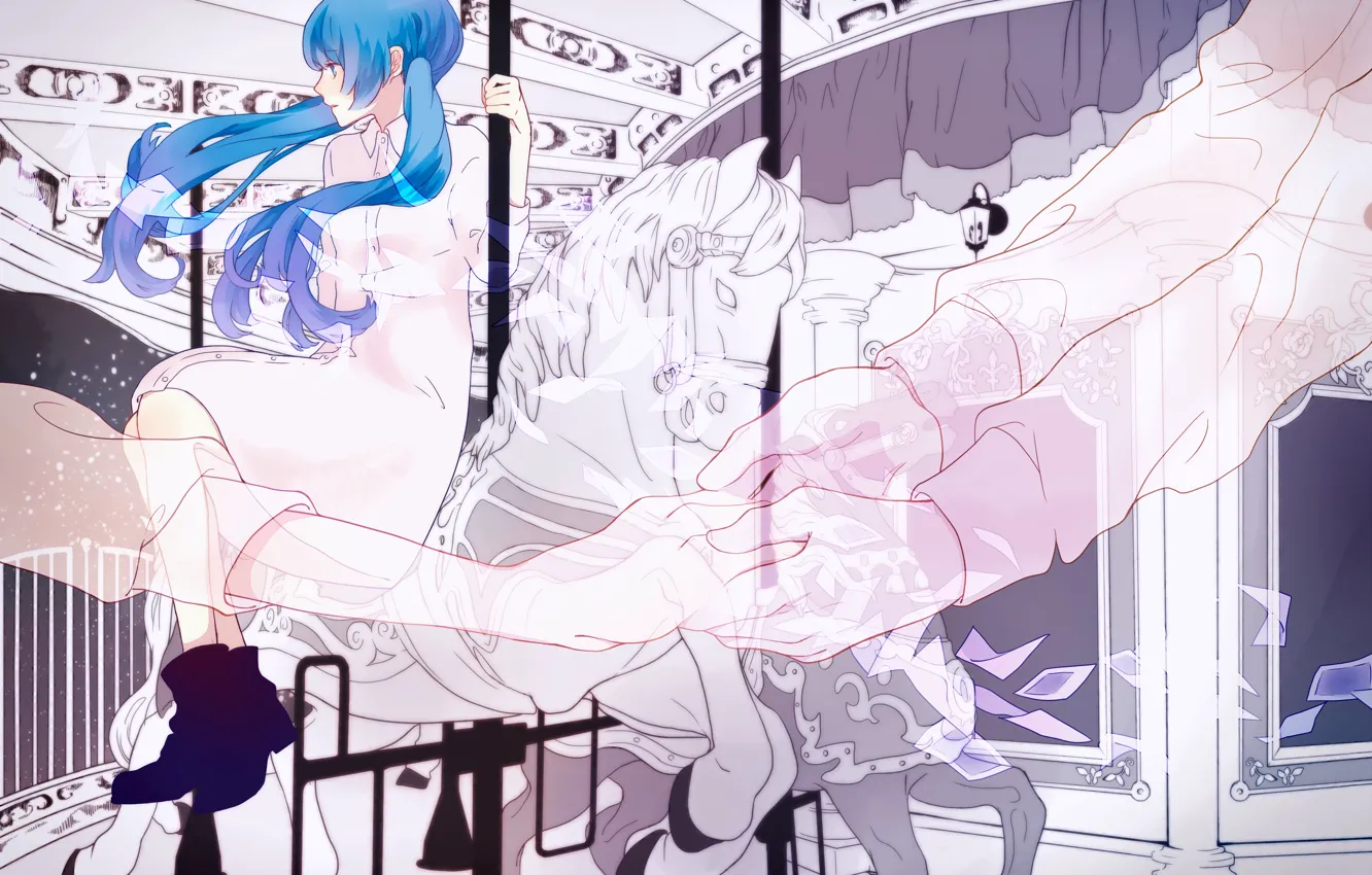 Фото обои девушка, руки, карусель, Hatsune Miku, Vocaloid, лашадь